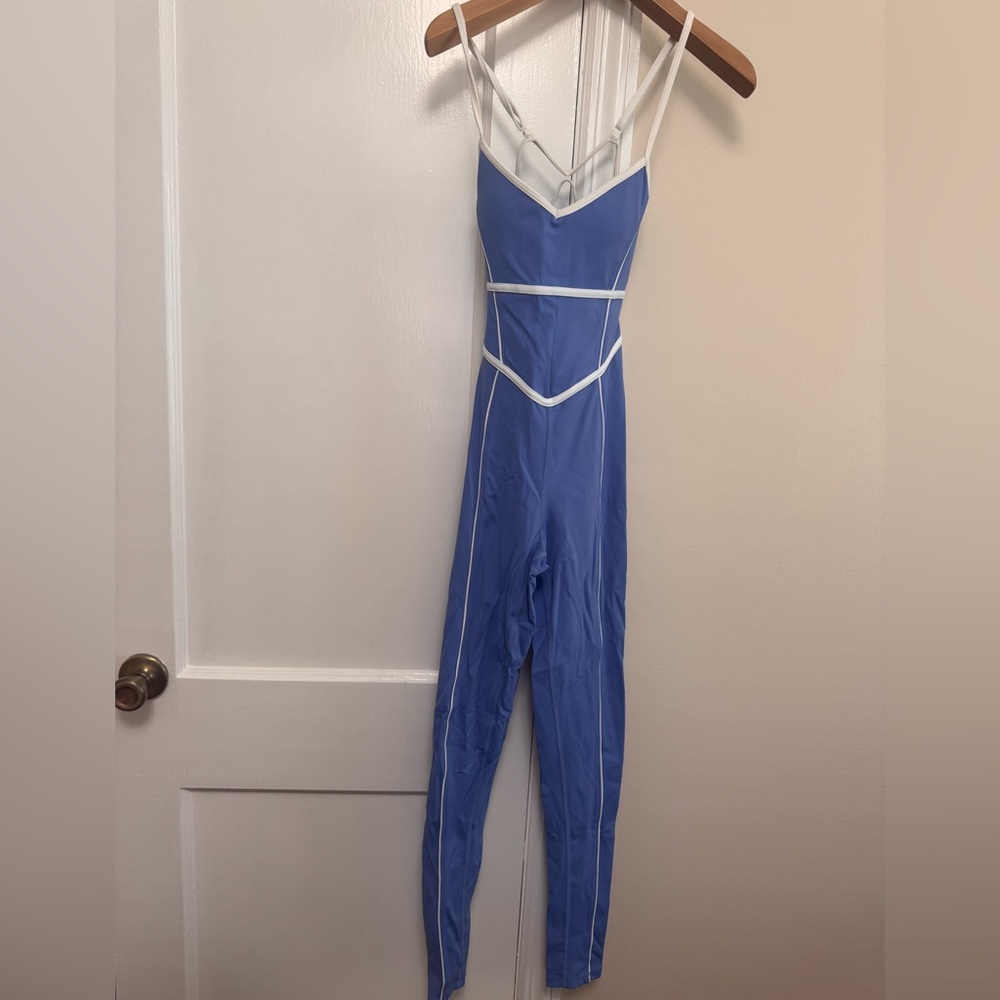 Slim Strappy Blue Jumpsuit with White Trim